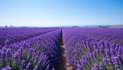 Fototapeta premium Lavender Fields Stretch to Distant Hills Under a Blue Sky