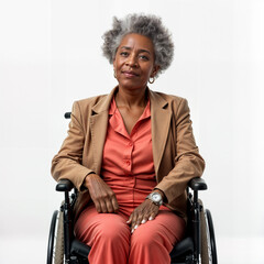 Afro-american old woman sitting on wheelchair, white backdrop