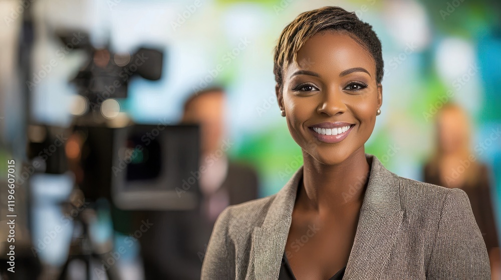 Poster a television host smiling in front of the camera during a live broadcast of a morning show, with gue