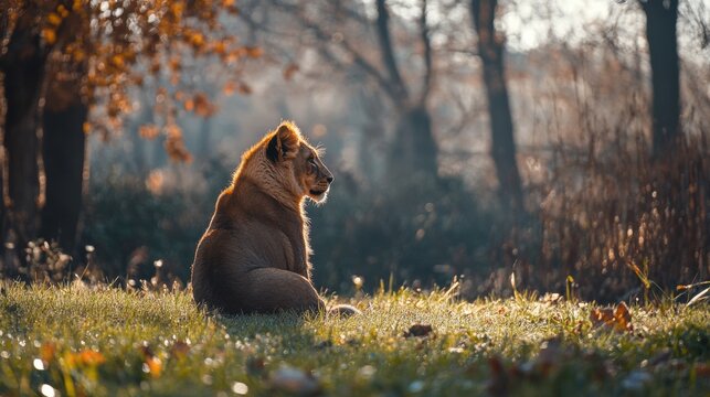 Lioness sits in autumnal woods - Powered by Adobe