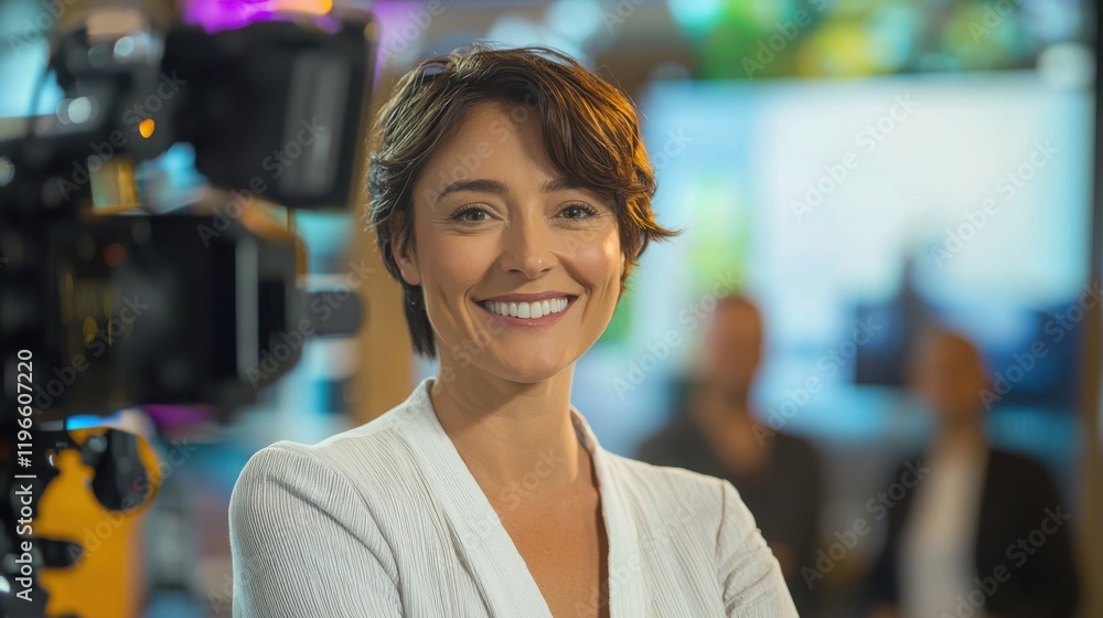 Poster a television host smiling in front of the camera during a live broadcast of a morning show, with gue
