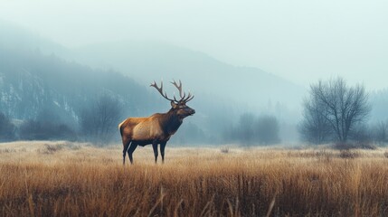 Fototapeta premium Majestic elk in a misty meadow.