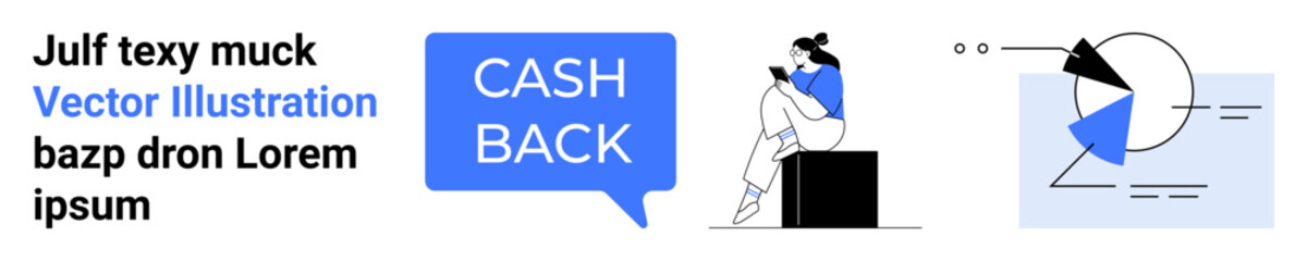 Text elements and a cash back chat bubble, a person reading on a mobile device, and abstract data visualization elements. Ideal for digital marketing, e-commerce, finance, reading, technology, social