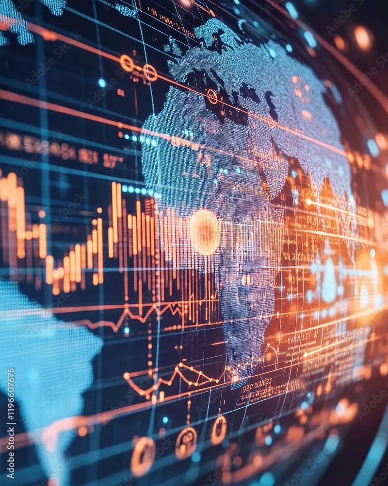 Poster global network data visualization: interactive world map with financial market trends and technologi
