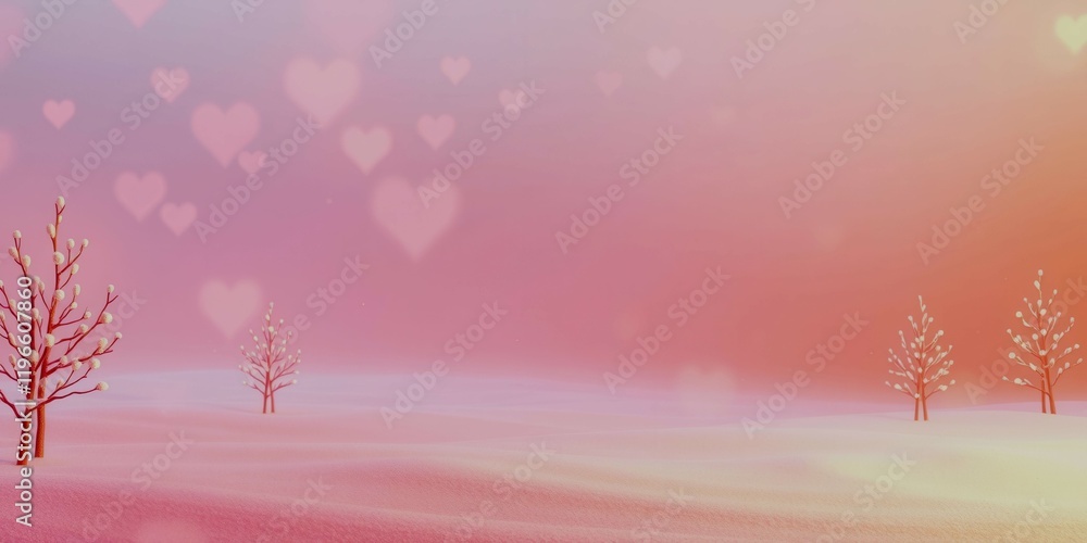 Poster a beautiful pink background with a lot of hearts and trees. the trees are small and are scattered th