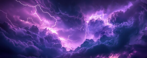 Dark storm clouds illuminated with streaks of glowing purple lightning, intense and moody, 4k photo.
