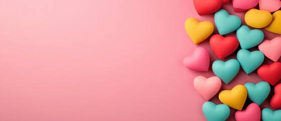 Paper craft valentine ideas. Colorful heart shapes on a pink background create a cheerful and romantic vibe.