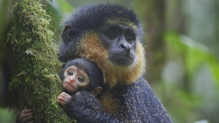 Fototapeta premium Mother monkey and baby embrace in lush jungle wildlife photography natural habitat close-up view