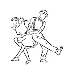Couple in love dancing and having fun, hand drawn outline illustration. swing dance. vector