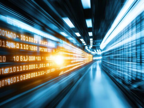Dynamic data flow high-tech server room digital imagery futuristic environment abstract viewpoint technology concept