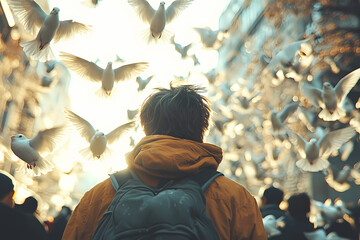 Fototapeta premium People watching birds returning home in spring. Nature comes alive, bringing harmony and inspiration