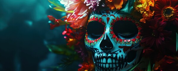 Day of the Dead, el Dia de los Muertos Celebration, Sugar Skull and Flowers Background, with copy space