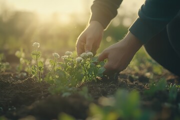 Detailed shot of a community garden with volunteers planting flowers featuring copyspace and showcasing collaboration