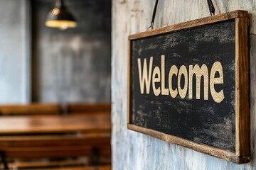 Handmade sign with the word Welcome at a community center featuring copyspace and reflecting inclusivity