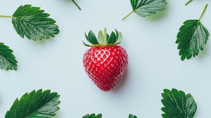 Fresh red strawberry surrounded by green leaves food photography nature close-up culinary delight