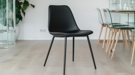 Contemporary, furniture and bold, A sleek black chair stands alone in a modern, minimalist space with wooden floors and a hint of greenery in the background.