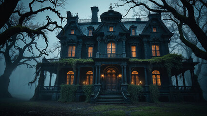 Spooky victorian haunted house illuminating the misty forest at twilight