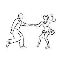 Couple in love dancing and having fun, hand drawn outline illustration. swing dance. vector