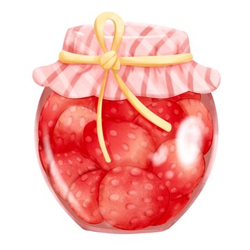 Strawberry pickle jam jar in vibrant color hand draw watercolor illustration isolated item