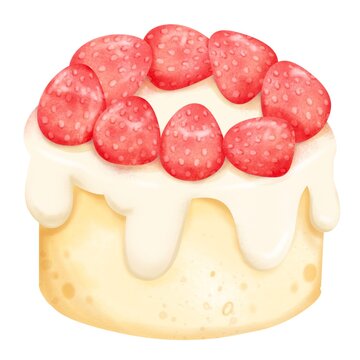 cute Strawberry Pond cake in vibrant color hand draw watercolor illustration isolated item