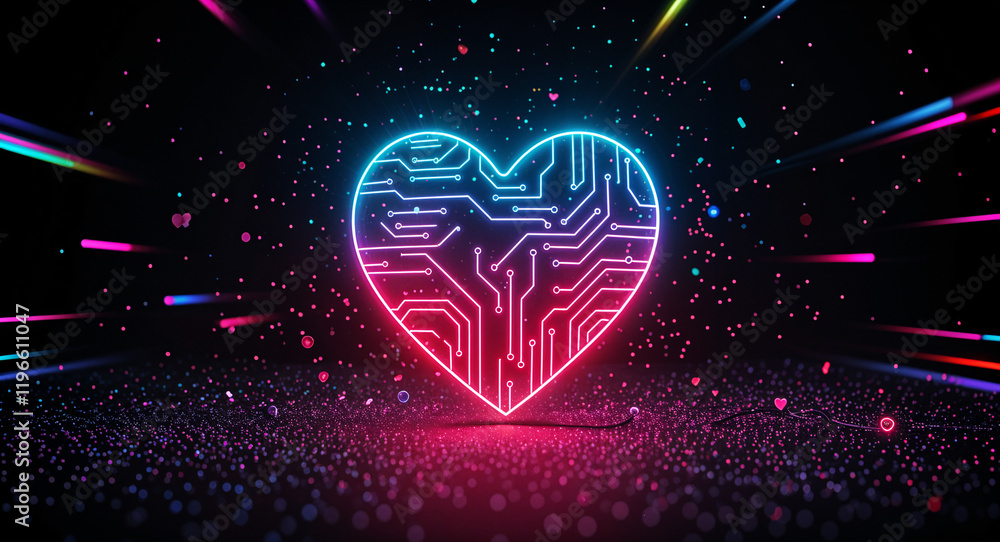 Poster neon heart with circuit board lines abstract background . generative ai
