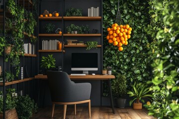 Modern home office with green wall, plants, and wooden desk.