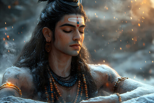 Shiva sitting in meditation atop the Himalayas, surrounded by snow. A scene filled with spirituality and energy