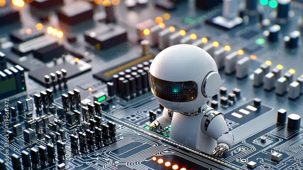 Poster futuristic robot exploring circuit board in high-tech environment