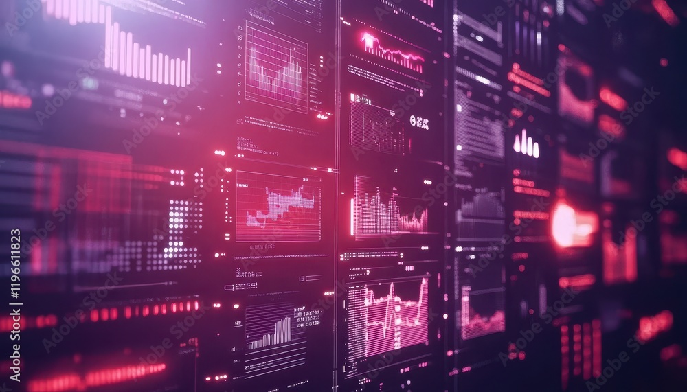 Aufkleber futuristic data visualization wall: dynamic charts and graphs in pink and red hues