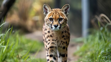 Serval cat walking toward the camera.