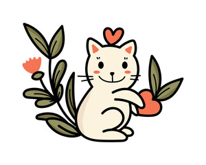 Cat, Heart and Flower. Valentine Sticker. Vector. 