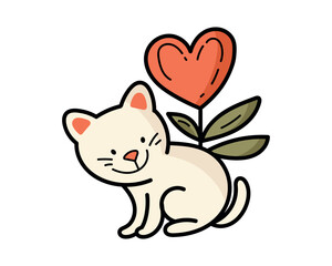 Cat, Heart and Flower. Valentine Sticker. Vector. 