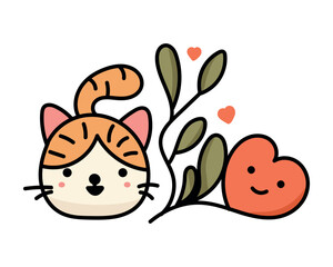 Cat, Heart and Flower. Valentine Sticker. Vector. 