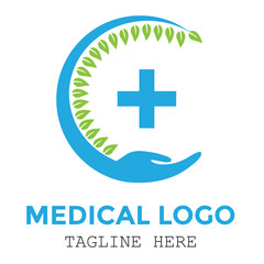 Obraz premium Green leaf with medical sign and hands care protection modern logo design