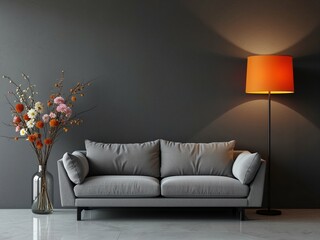Stylish Modern Living Room with Gray Sofa, Orange Lamp, and Floral Decor – Photograph