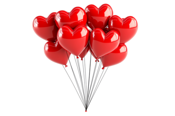 A cluster of shiny red heart-shaped balloons floating against white transparent background, symbolizing love and celebration of Valentine Day
