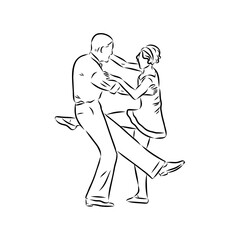 Couple in love dancing and having fun, hand drawn outline illustration. swing dance. vector