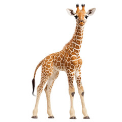Fototapeta premium young giraffe stands gracefully against transparency background, showcasing its distinctive spotted coat and long neck. This majestic animal embodies beauty of wildlife