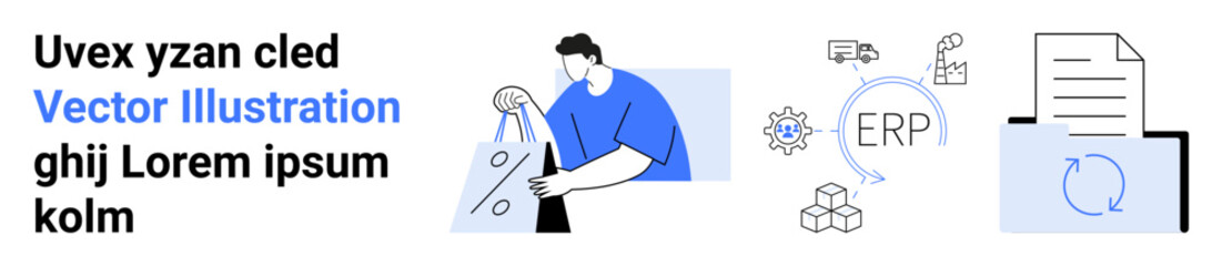 Text content next to graphics of person handling packages, ERP system icons, gears, documents, and cycles. Ideal for business management, e-commerce, workflow optimization, logistics technology