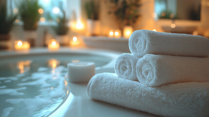Luxurious spa setup with white towels and a glowing jacuzzi