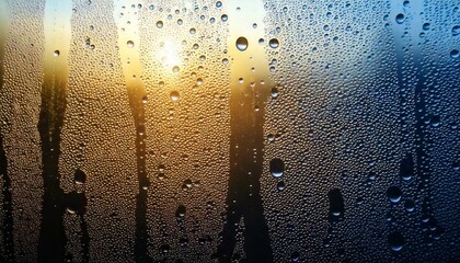 Closeup view showcasing intricate condensation patterns on glass surface, capturing the delicate water drops glistening under sunlight, highlighting sparkling textures, radiating brilliance through re