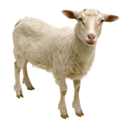 Obraz premium Fluffy white goat standing on transparency background, showcasing its soft fur and gentle expression. This adorable animal captures attention with its curious demeanor