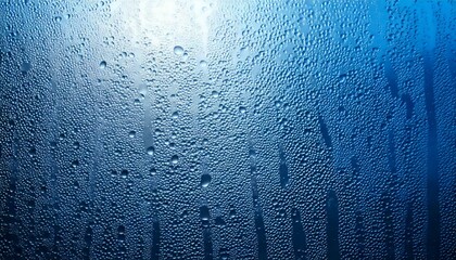 Closeup view capturing intricate condensation patterns forming on grey light glass surface with a delicate blue shade, showcasing texture, transparency, and mesmerizing water droplets interacting with