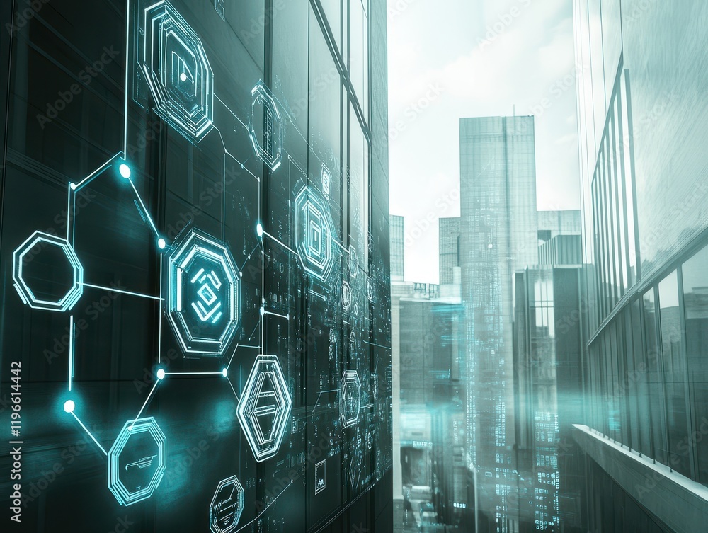 Poster futuristic cityscape with networked digital interface overlay: modern technology and urban architect