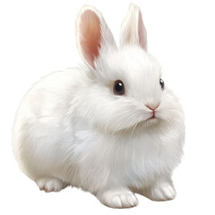Obraz premium Fluffy white rabbit sitting on transparency background, showcasing its soft fur and expressive eyes. This adorable animal exudes sense of calm and charm
