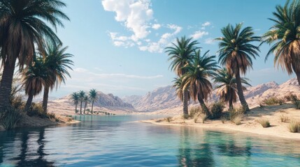 Obraz premium Oasis Landscape with Palm Trees and Reflecting Water in Desert Environment