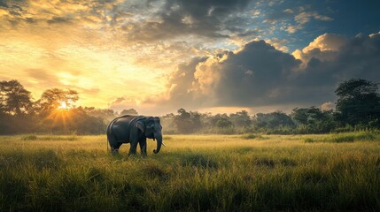 Solitary elephant at sunset