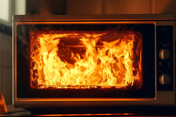 Burning microwave on kitchen table background, fire.