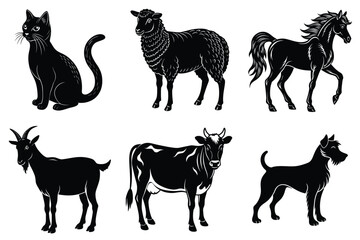 Animals silhouette set. Domestic animal silhouettes cat, cow, dog, horse, goat, sheep vector illustration