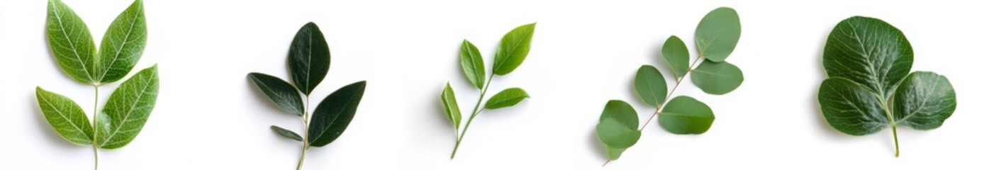 Obraz premium Five green leaves isolated on white background. (1)